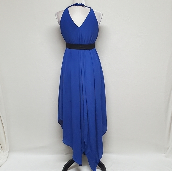 VINTAGE Cobalt Blue Asymmetric Sharkbite Hem V-neck Tie-Waist Gossamer Dress XL - Picture 13 of 16